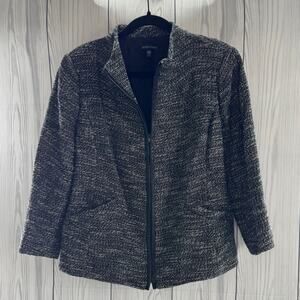 Eileen Fisher Large Black & White Tweed Zippered Front Jacket Faux Pockets